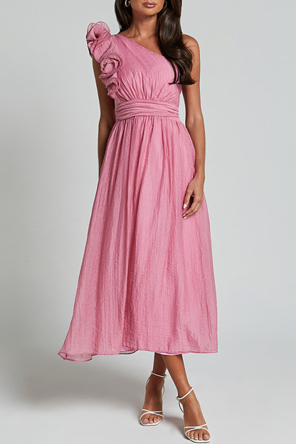 Ruffled One Shoulder Sleeveless A-Line Flowy Midi Dresses-White