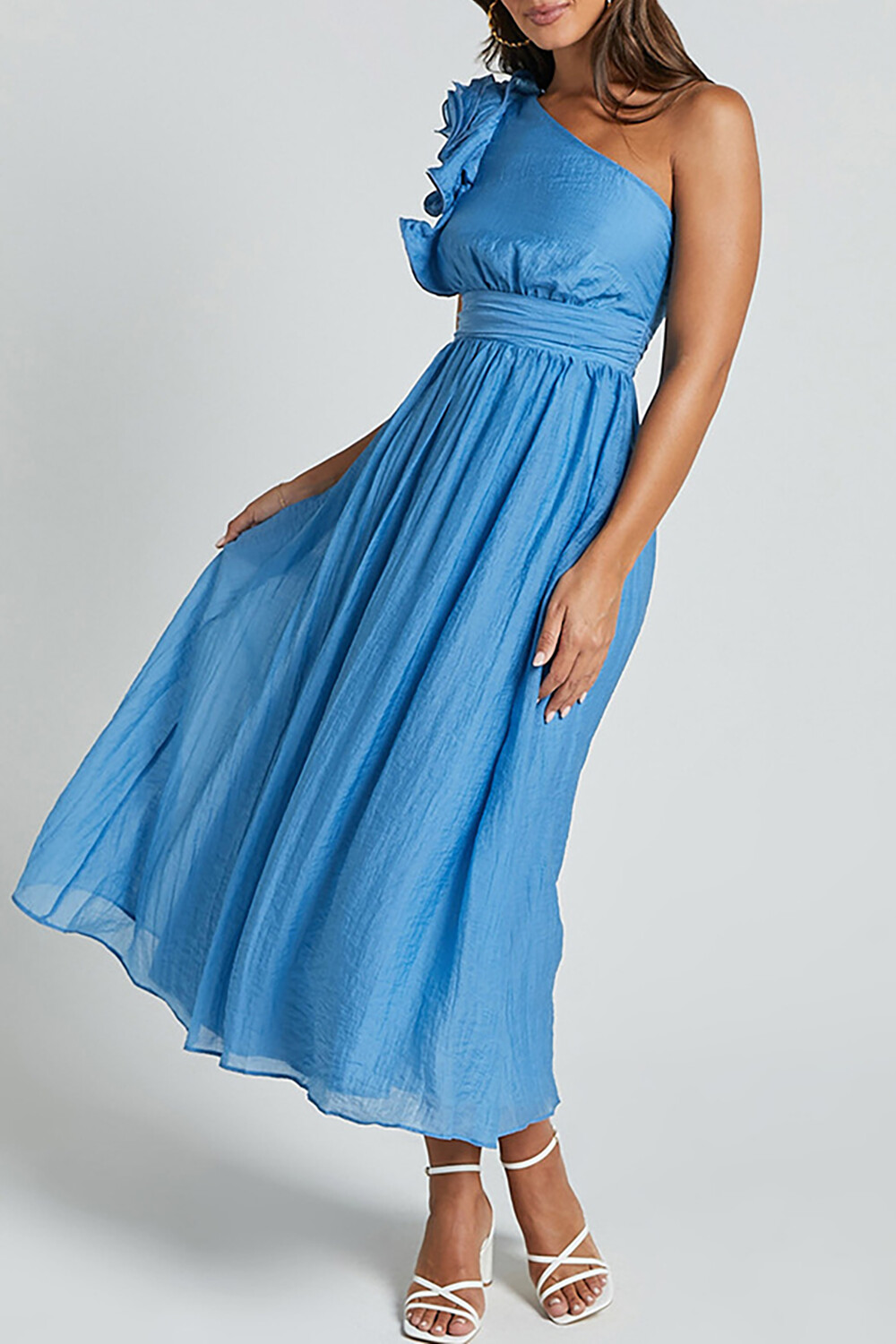 Ruffled One Shoulder Sleeveless A-Line Flowy Midi Dresses-White