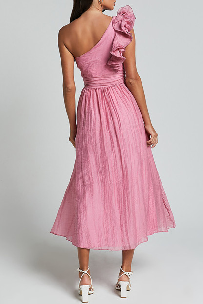 Ruffled One Shoulder Sleeveless A-Line Flowy Midi Dresses-White