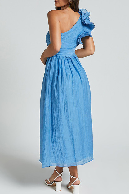 Ruffled One Shoulder Sleeveless A-Line Flowy Midi Dresses-White