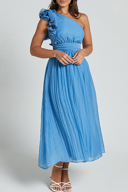 Ruffled One Shoulder Sleeveless A-Line Flowy Midi Dresses-White