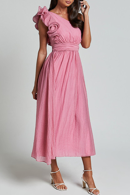Ruffled One Shoulder Sleeveless A-Line Flowy Midi Dresses-White