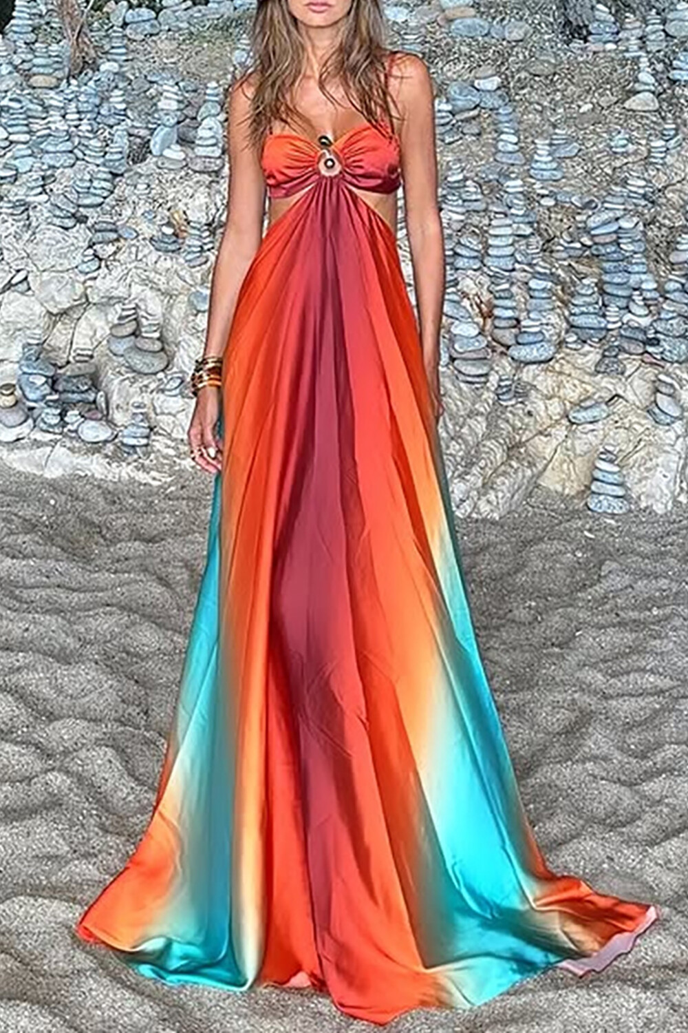 Gradient Color Cutout Backless Vacation Slip Maxi Dresses-Red