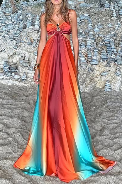 Gradient Color Cutout Backless Vacation Slip Maxi Dresses-Red