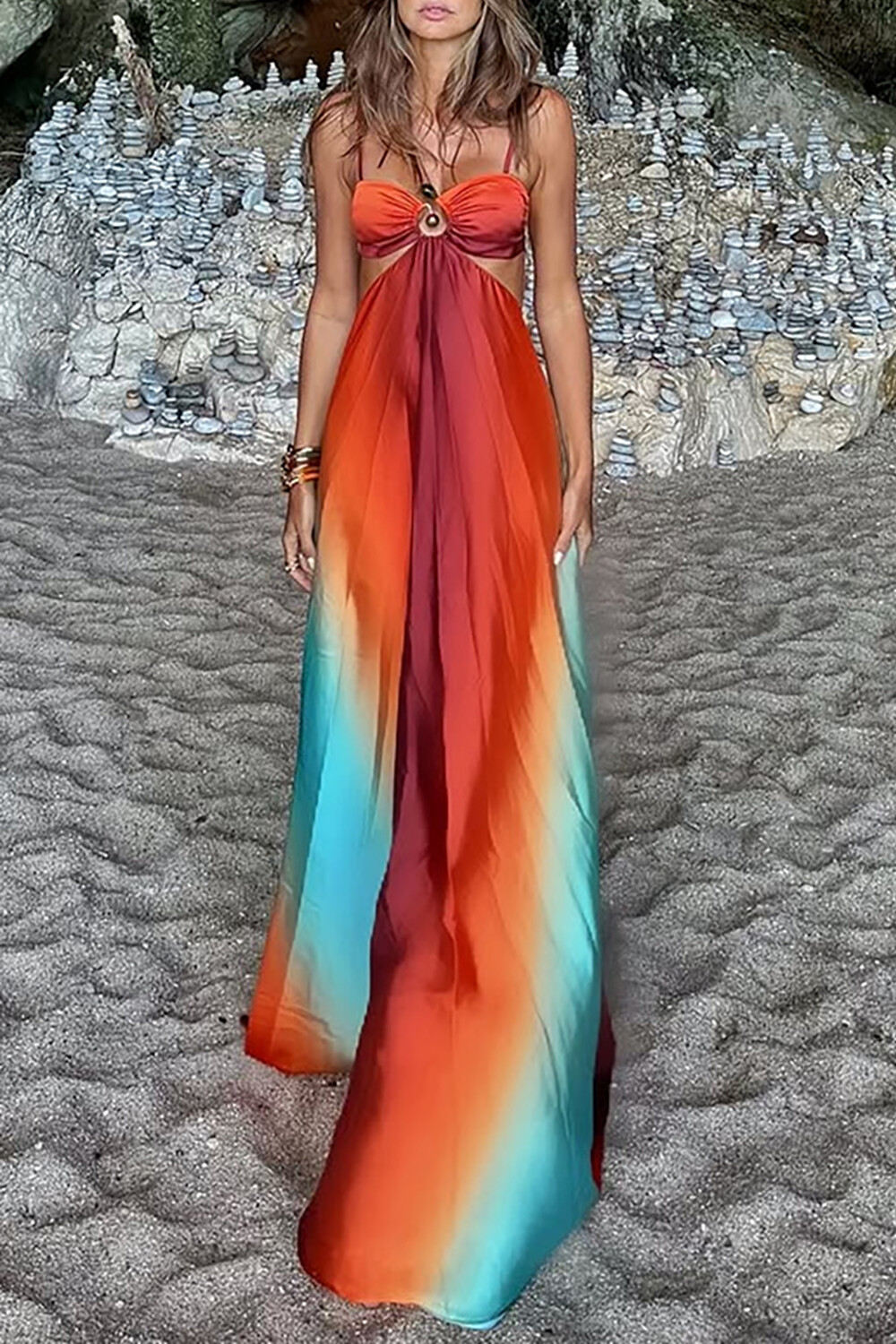 Gradient Color Cutout Backless Vacation Slip Maxi Dresses-Red