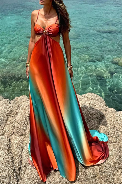 Gradient Color Cutout Backless Vacation Slip Maxi Dresses-Red