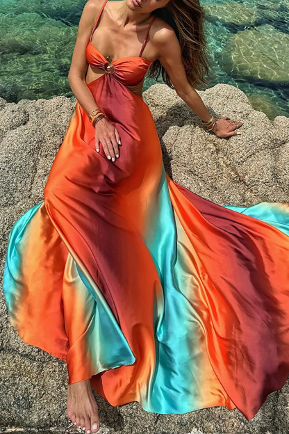Gradient Color Cutout Backless Vacation Slip Maxi Dresses-Red