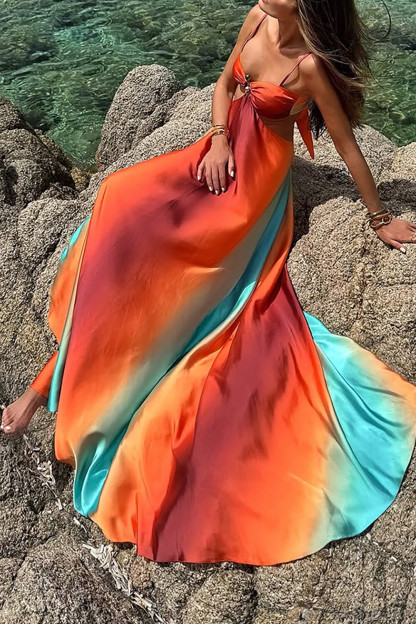 Gradient Color Cutout Backless Vacation Slip Maxi Dresses-Red