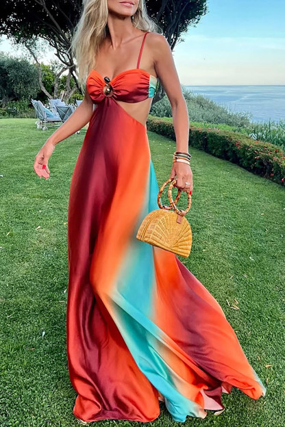 Gradient Color Cutout Backless Vacation Slip Maxi Dresses-Red