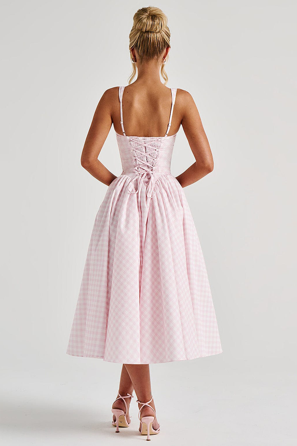 Plaid Print Cinch Waist Cami Midi Bouffant Dresses-Pink [Pre Order]