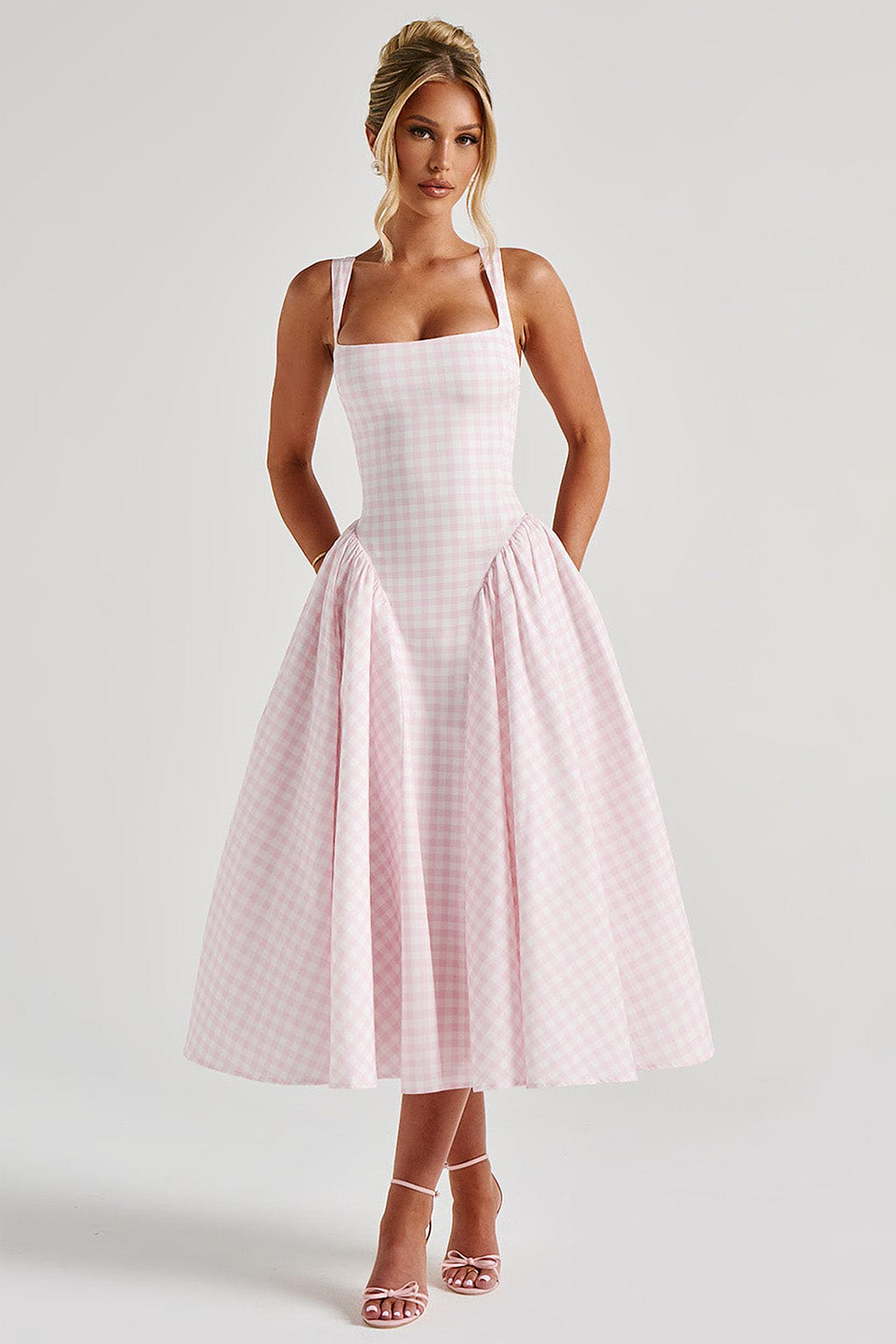 Plaid Print Cinch Waist Cami Midi Bouffant Dresses-Pink [Pre Order]