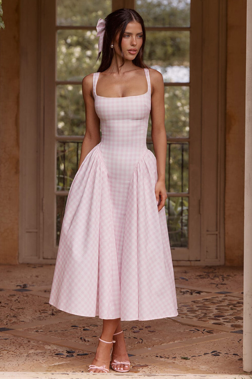 Plaid Print Cinch Waist Cami Midi Bouffant Dresses-Pink [Pre Order]