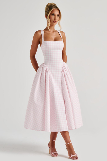 Plaid Print Cinch Waist Cami Midi Bouffant Dresses-Pink [Pre Order]