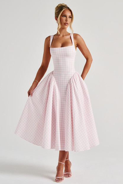 Plaid Print Cinch Waist Cami Midi Bouffant Dresses-Pink [Pre Order]
