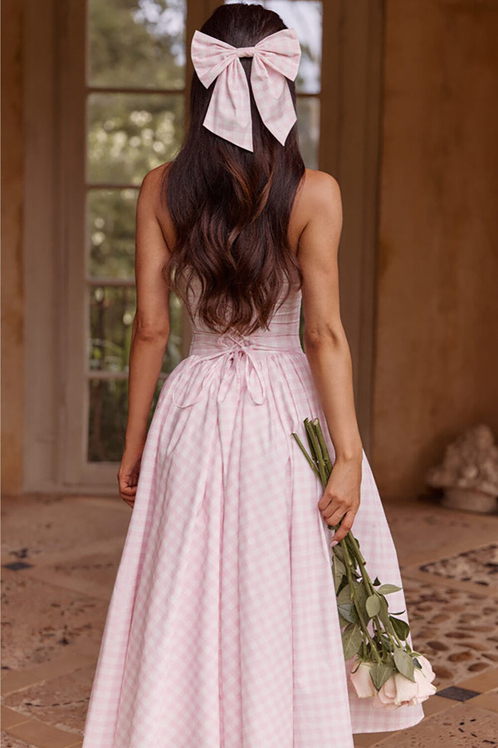 Plaid Print Cinch Waist Cami Midi Bouffant Dresses-Pink [Pre Order]