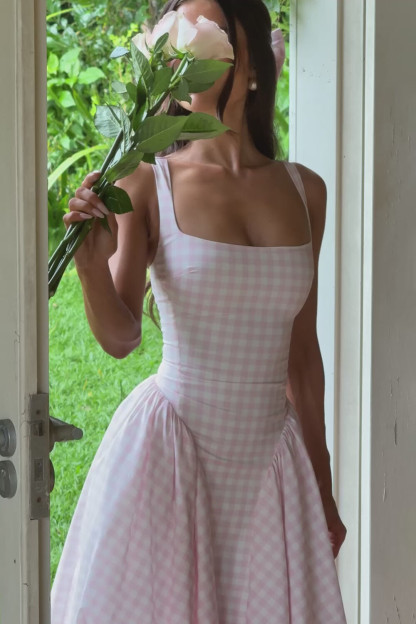 Plaid Print Cinch Waist Cami Midi Bouffant Dresses-Pink [Pre Order]