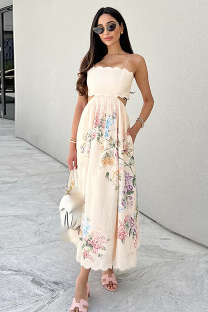 Wavy Trim Cutout Gathered Hem Floral Print Vacation Maxi Slip Dresses-Beige