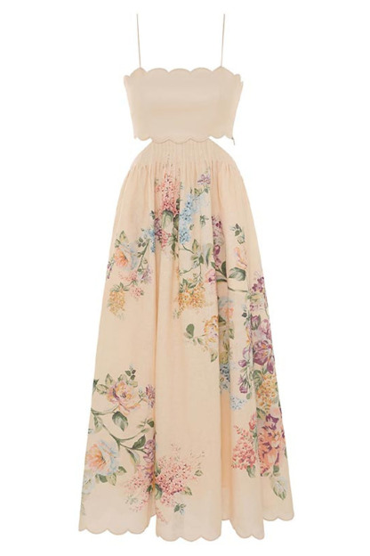 Wavy Trim Cutout Gathered Hem Floral Print Vacation Maxi Slip Dresses-Beige
