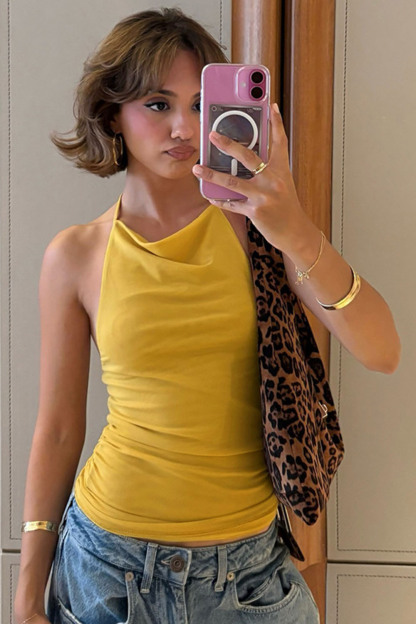 Cowl Neck Backless Ruched Solid Casual Halter Top-Yellow