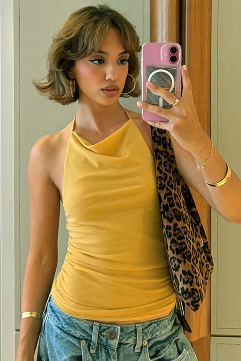 Cowl Neck Backless Ruched Solid Casual Halter Top-Yellow