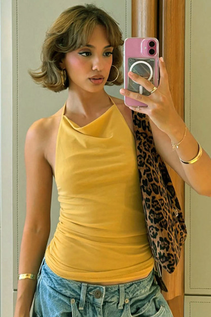 Cowl Neck Backless Ruched Solid Casual Halter Top-Yellow