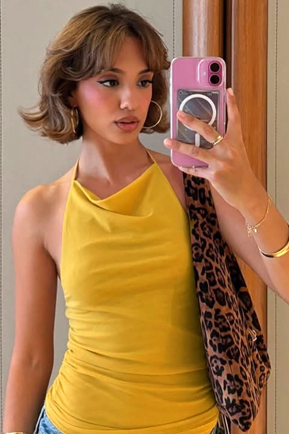 Cowl Neck Backless Ruched Solid Casual Halter Top-Yellow