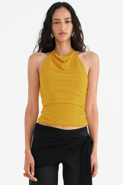 Cowl Neck Backless Ruched Solid Casual Halter Top-Yellow