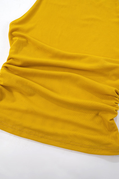 Cowl Neck Backless Ruched Solid Casual Halter Top-Yellow