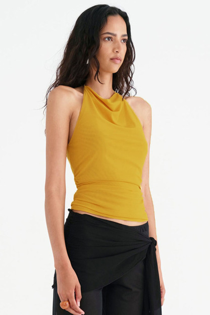 Cowl Neck Backless Ruched Solid Casual Halter Top-Yellow