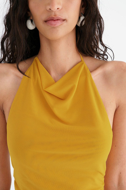 Cowl Neck Backless Ruched Solid Casual Halter Top-Yellow