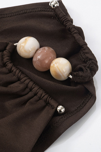 One Shoulder Sleeveless Beads Decor Ruched Solid Casual Top-Brown