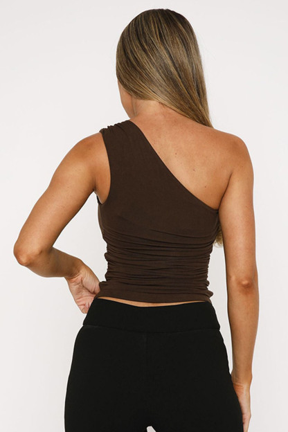 One Shoulder Sleeveless Beads Decor Ruched Solid Casual Top-Brown