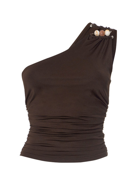 One Shoulder Sleeveless Beads Decor Ruched Solid Casual Top-Brown