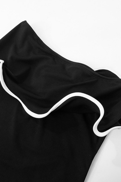 Off Shoulder Bandeau Colorblock Lettuce Trim Party Midi Dresses-Black