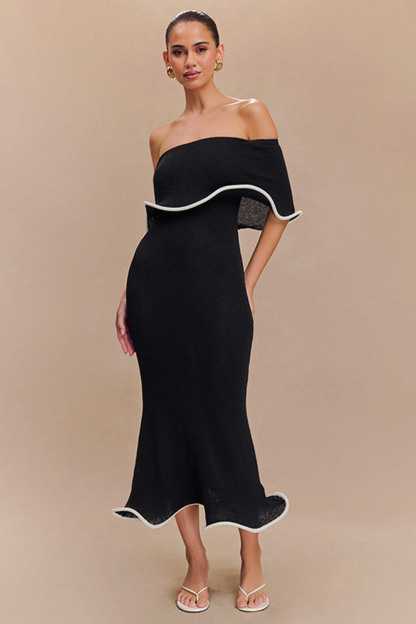 Off Shoulder Bandeau Colorblock Lettuce Trim Party Midi Dresses-Black