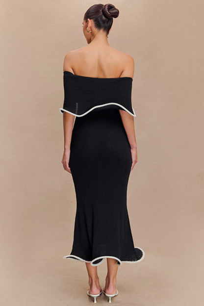 Off Shoulder Bandeau Colorblock Lettuce Trim Party Midi Dresses-Black