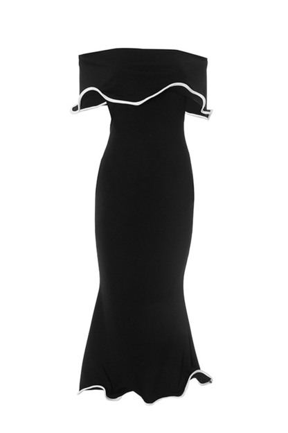 Off Shoulder Bandeau Colorblock Lettuce Trim Party Midi Dresses-Black