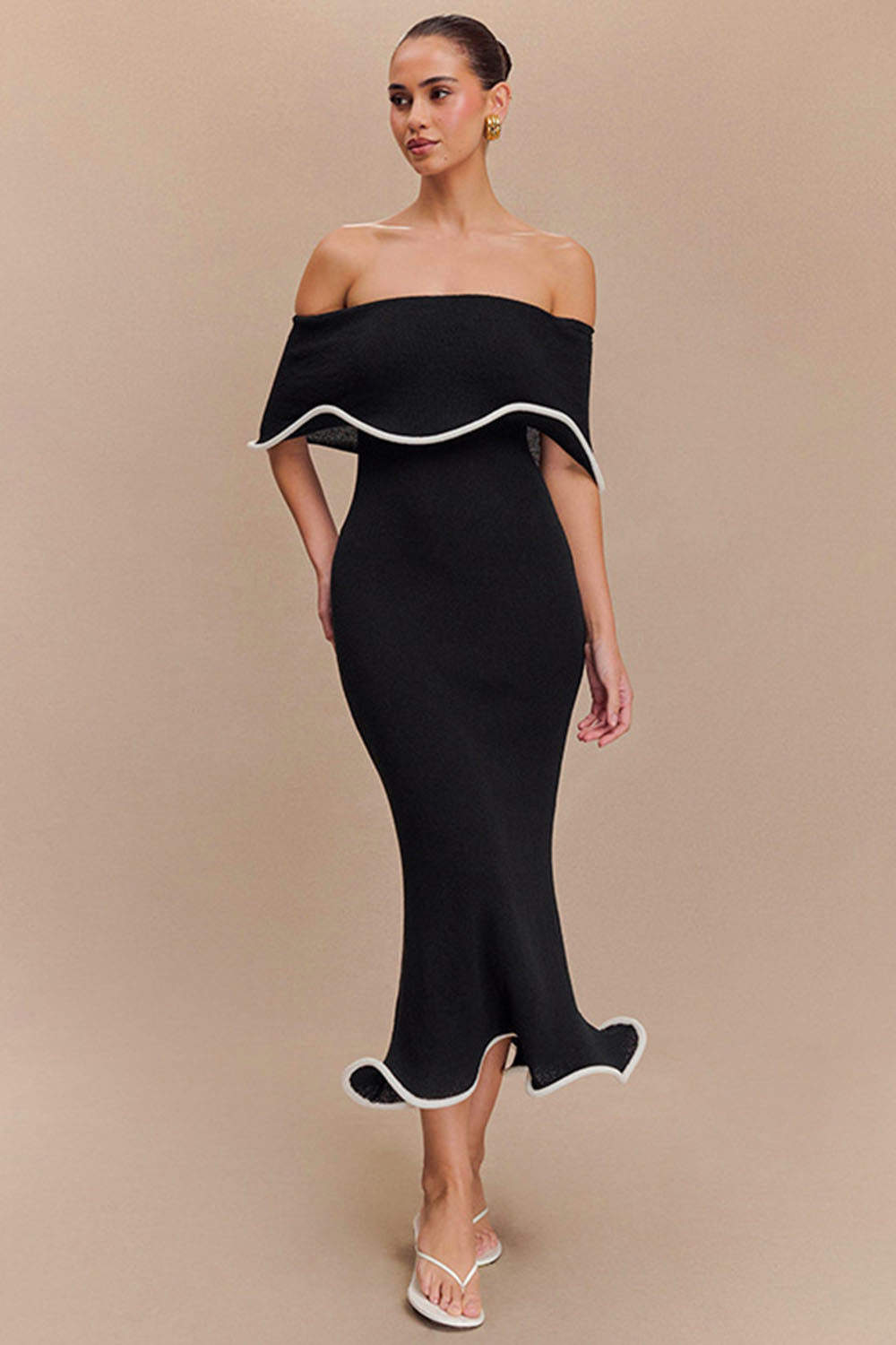 Off Shoulder Bandeau Colorblock Lettuce Trim Party Midi Dresses-Black