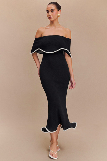 Off Shoulder Bandeau Colorblock Lettuce Trim Party Midi Dresses-Black