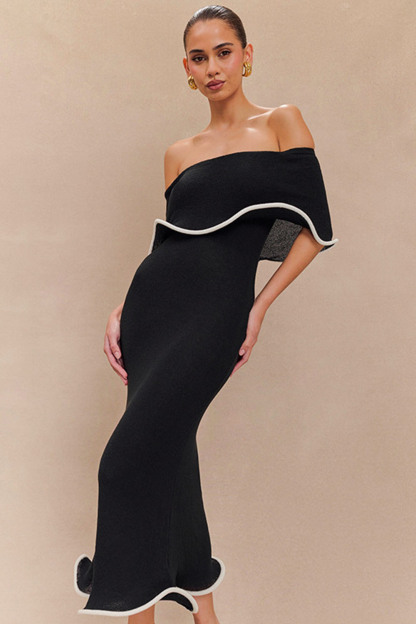 Off Shoulder Bandeau Colorblock Lettuce Trim Party Midi Dresses-Black