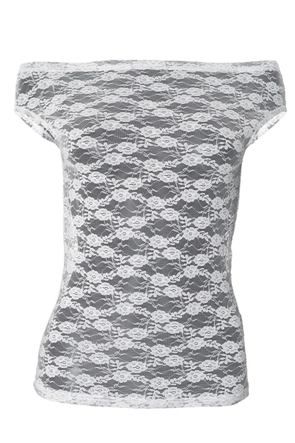 Off Shoulder Guipure Lace See-Through Slim-Fit Top-White