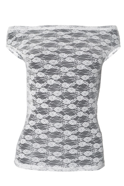 Off Shoulder Guipure Lace See-Through Slim-Fit Top-White