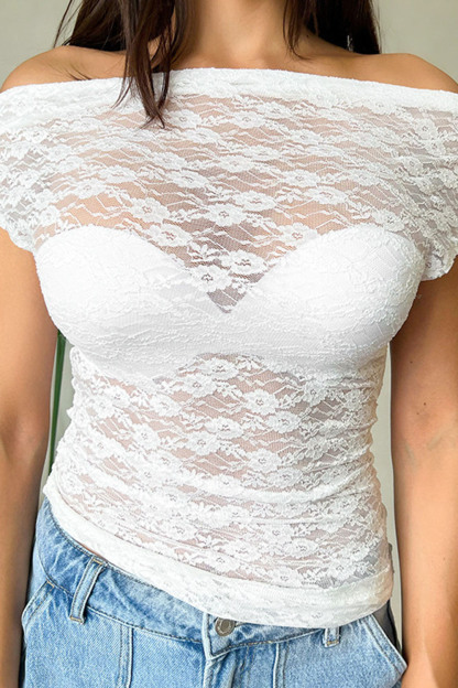 Off Shoulder Guipure Lace See-Through Slim-Fit Top-White