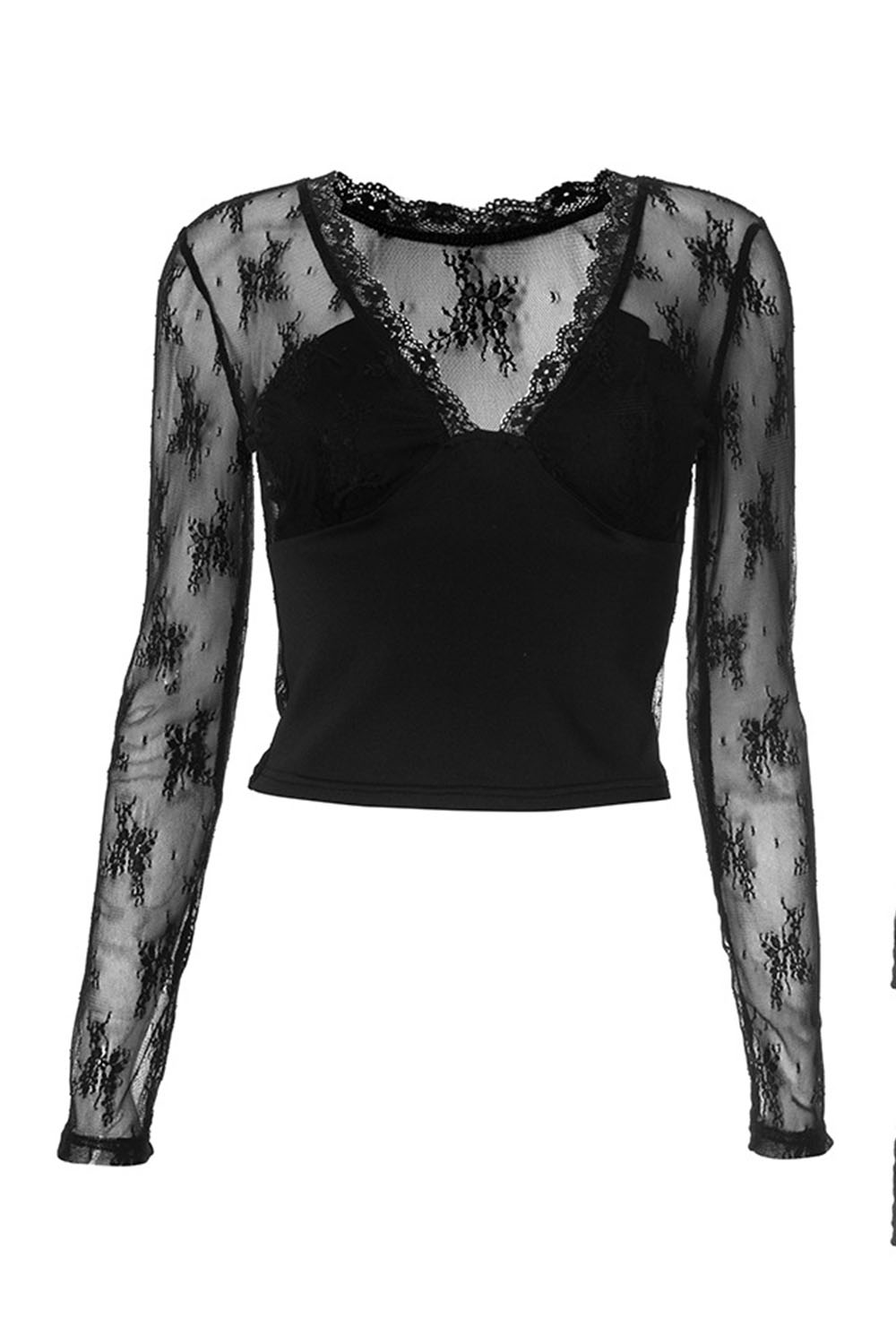 Deep V Neck Long Sleeve Guipure Lace Patchwork Slim-Fit Crop Top-Black