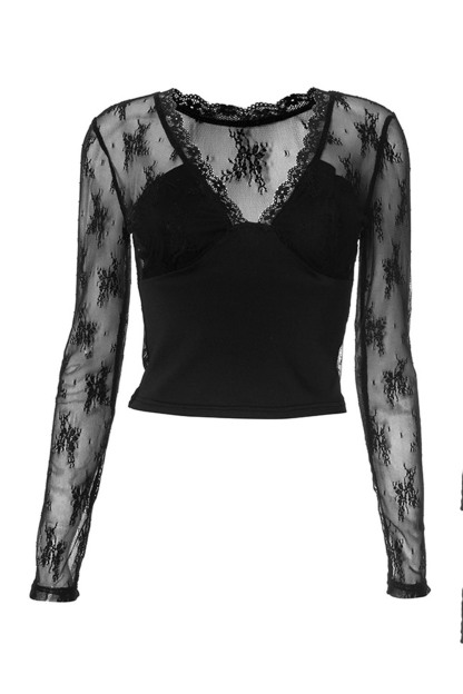 Deep V Neck Long Sleeve Guipure Lace Patchwork Slim-Fit Crop Top-Black