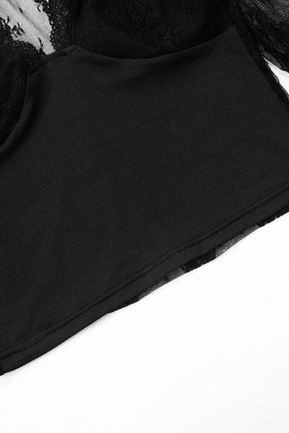 Deep V Neck Long Sleeve Guipure Lace Patchwork Slim-Fit Crop Top-Black