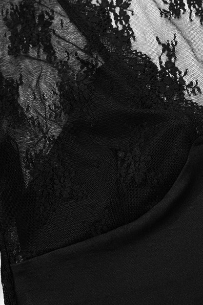 Deep V Neck Long Sleeve Guipure Lace Patchwork Slim-Fit Crop Top-Black