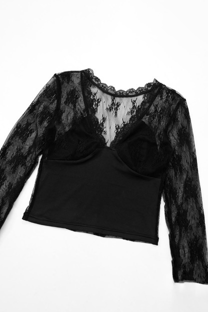 Deep V Neck Long Sleeve Guipure Lace Patchwork Slim-Fit Crop Top-Black