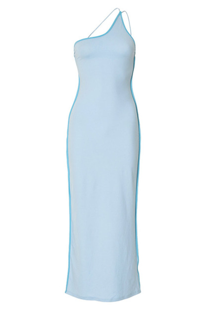 One Shoulder Lace-Up Back Quilted Slim-Fit Party Maxi Dresses-Blue