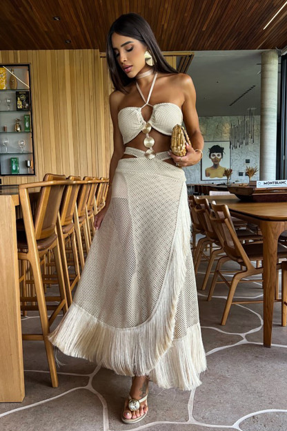 Halter Cutout Crochet Fringed Trim Backless Maxi Dresses-Beige [Pre Order]